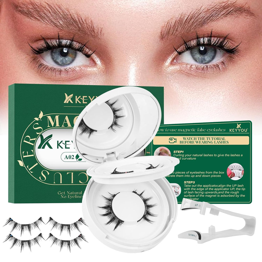 KEYYOU Reusable Magnetic Eyelashes 2 Pair with Applicator No Glue Needed 3D Natural Magnetic Lashes, Easy to Apply & Long Lasting for Daily Use & Events(A02+A02)