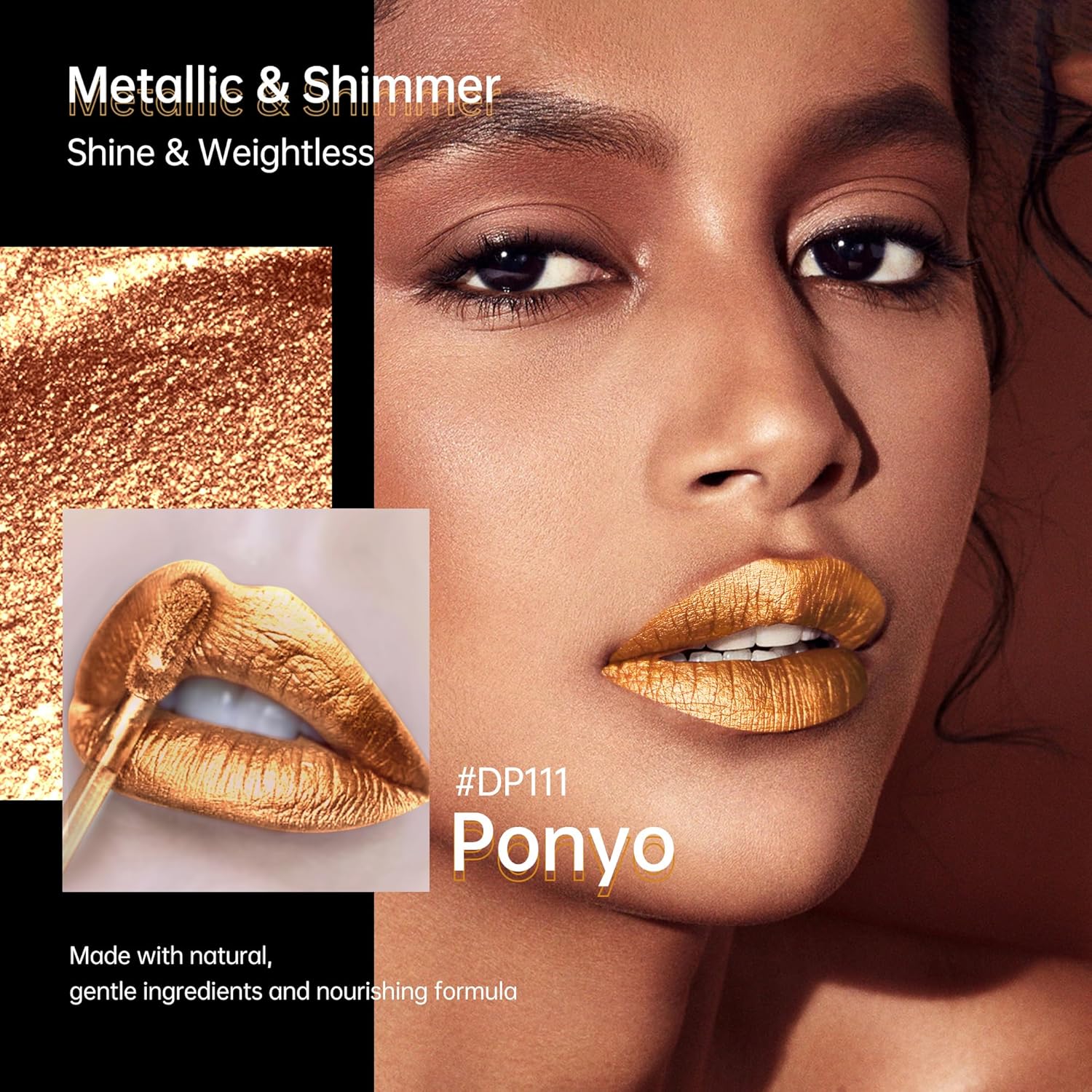 Gold Lipsticks for Women Metallic Lipstick Long Lasting Non Stick Cup Lip Gloss, Shimmer Lightweight Hydrating Full Coverage Lip Color,DP111 Ponyo