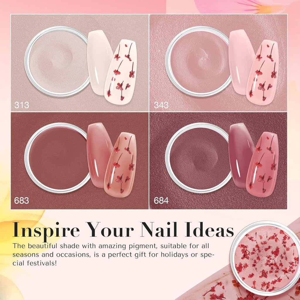 AZUREBEAUTY Dip Powder Nail Kit, 4 Colors Jelly Transparent with Dried Flower Set, Nude Brown Natural Dipping Powder Starter Liquid Set Recycling Tray with Base & Top Coat Activator