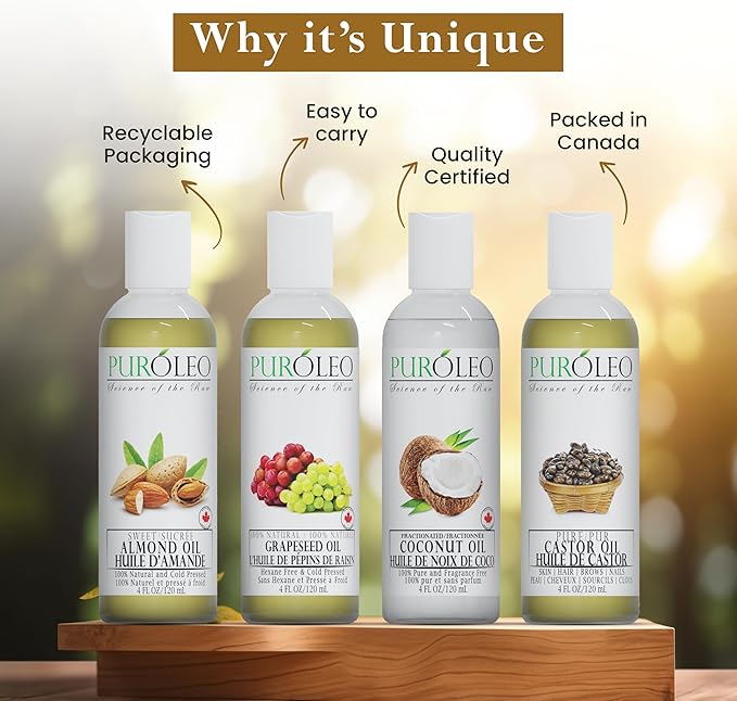 PURÓLEO Carrier Oil Gift Set- 4 Pack - Coconut Oil- Almond Oil - Castor Oil - Grapeseed Oil - 100% Natural Moisturizing Massage 4 Pc (4 Fl Oz)