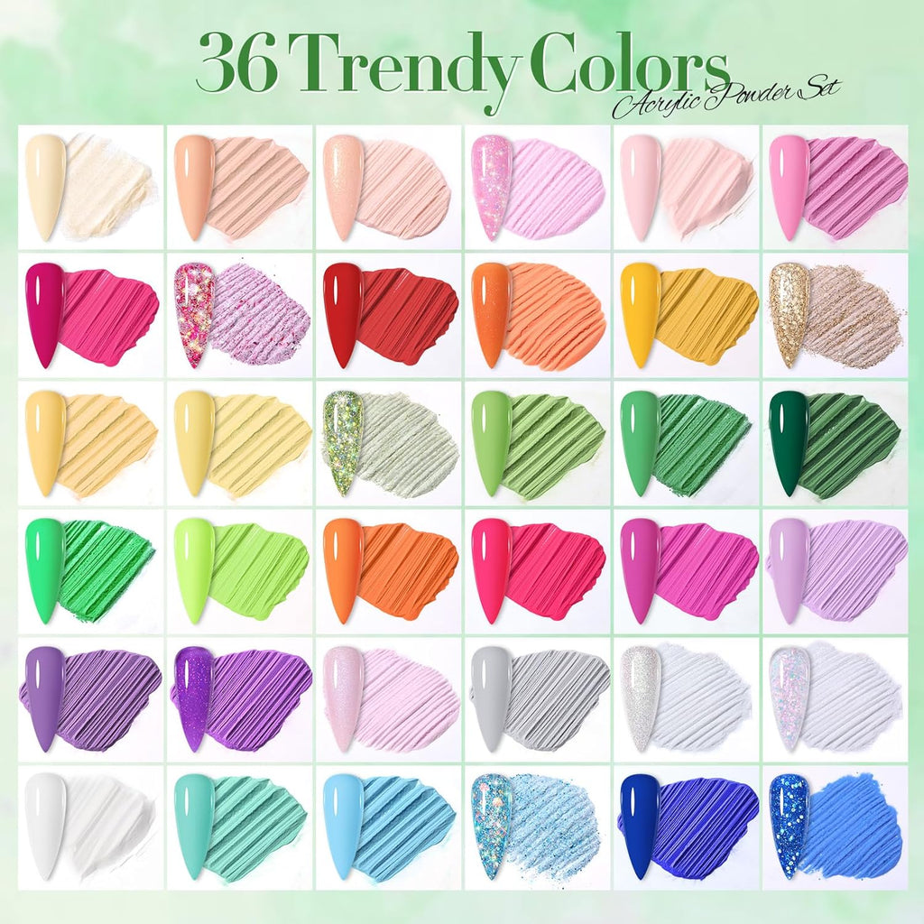 BORN PRETTY Acrylic Powder Set 36 Colors Spring Summer Acrylic Nail Powder Nude Pink Red Green Blue Purple Professional Polymer 3D Acrylic Nail Art Kit for French Nails Extension Nail Carving