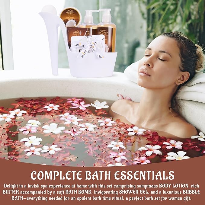 Draizee Mothers Day Gifts for Mom - Spa Gift Baskets for Women, 8 Pcs Luxury Coconut Scented Heel Shoe Design Bath and Body Spa Set-Self Care Package for Women, Presents for Mom, Body Care Set for Her