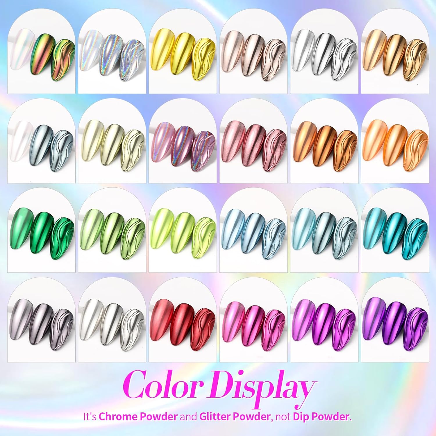 Born Pretty Mirror Chrome Nail Powder Set, 24 Colors Metallic Mirror Effect Nail Powder Holographic Aurora Chameleon Pigment Gold Silver Red Pink Purple Blue Green Manicure Nail Art Decoration Sets