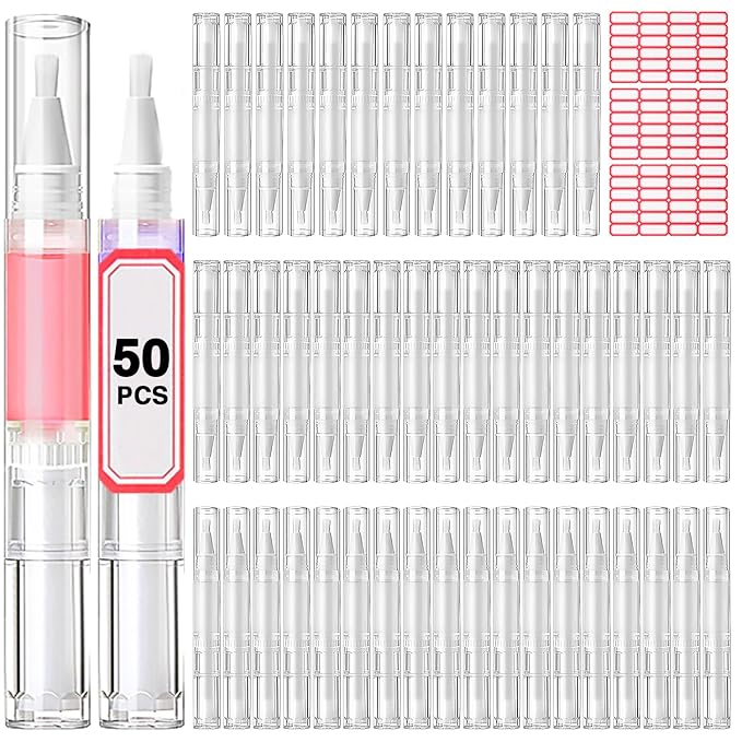 Cuticle Oil Pen 50Pcs 5ml Empty Nail Oil Pen Transparent Twist Pens with Brush Tip for Nail Oil, Eyelash Growth Liquid Tube, Cosmetic Lip Gloss Container Applicators + 72pcs Label