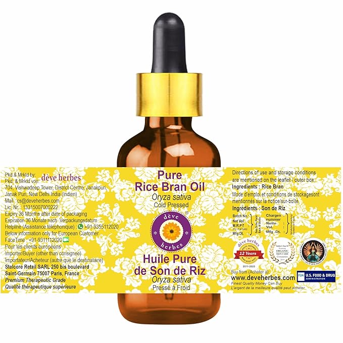 Deve Herbes Pure Rice Bran Oil (Oryza Sativa) with Glass Dropper Cold Pressed 5ml (0.16 oz)