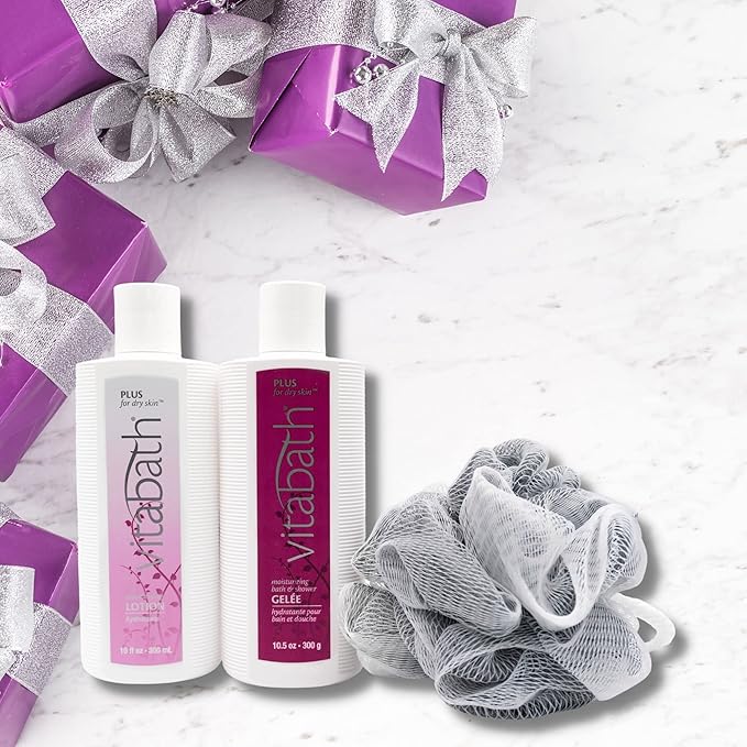 Vitabath Plus For Dry Skin Everyday Skincare Set Moisturizing Shower Gel Wash, Reviving Lotion & Exfoliating Body Scrubber Pouf - Nourishing Foam Cleanser & Dry Skin Hydration for Women & Men