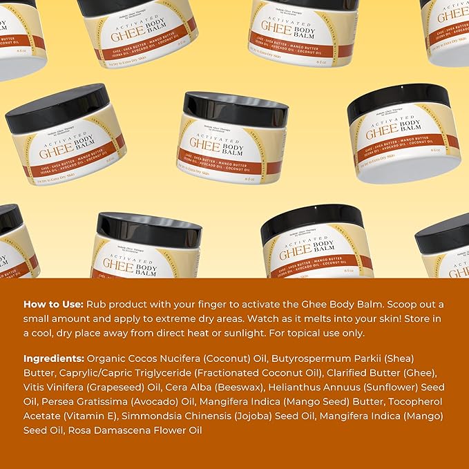 Activated Ghee Body Oil/Balm | Shea Moisturizer | Moisturizer for Extra Dry Skin | Innovative New Formulation | Ghee, Shea Butter, Coconut Oil | After Sun Moisturizer (8 oz)