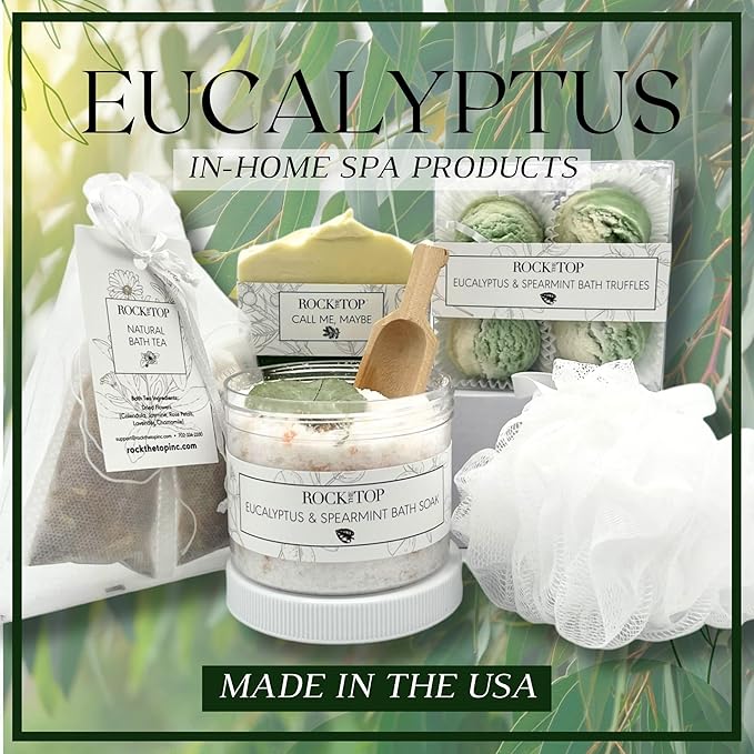 USA MADE | Eucalyptus Spearmint Spa Gift Baskets for Women. 6 Cold & Stress Self Care Gifts, Aromatherapy Epsom Salt Bath Soak, Bath Soap, Bath Bombs (Truffle), Bath Salts Gift Basket.