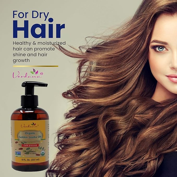 Verdana Organic Golden Jojoba Oil – 8 fl oz with Pump - USDA, Non-GMO - Cold Pressed, Unrefined, Hexane Free - Bulk, Moisturizing Oil for Skin, Body, Face, Hair, Scalp, Nails and Cuticles