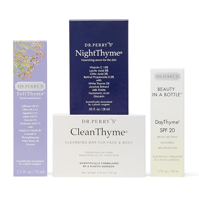 Dr. Perry's Complete Facial Skincare Regimen, 4 Pc. Kit - Vitamin C Night Serum, Facial Moisturizer, SPF Skin Protector, Facial Cleansing Bar