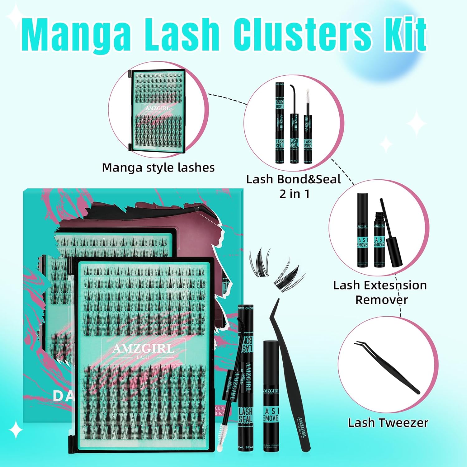 Manga Lash Clusters Kit 144PCS Fairy Eyelash Extension Kit with Lash Bond and Seal, Fake Eyelashes Clusters with Invisible Lash Band, Lash Glue Remover and Lash Applicators (8-16mm Kit,Black Bond)