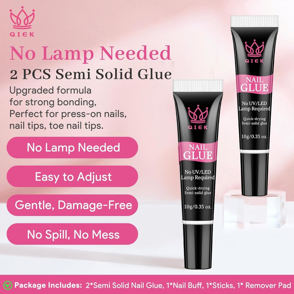 Nail Glue for Press Ons, 10g*2 Super Strong Bond Semi Solid Glue On Nails, 10s Quick Dry No Curing Needed, High Capacity Press on Semi-Solid Gel Long Lasting 28+ Days Easy to Remove for Beginners