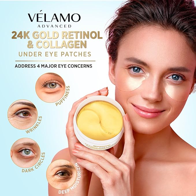 VELAMO ADVANCED Under Eye Patches: 24K Gold Under Eye Mask for Puffy - Retinol Patchology Eye Patches for Wrinkles and Dark Circles Puffiness- Collagen Under Eye Bags Treatment for Women Men 60 Pcs