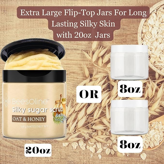 Sugar Scrub by BeesOline - Premium Fine Cane Sugar | OAT& & HONEY - Extra Large 20 oz, Convienent Flip-Top Lid, Organic Sunflower Oil & EXTRA VIRGIN COCONUT OIL for Smooth Gentle Exfoliation