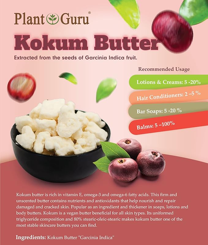 Raw Kokum Butter 8 oz. Jar - 100% Pure Natural Cold Pressed - Great for Skin, Body and Hair Moisturizer, DIY Creams, Balms, Lotions and Soap Making.