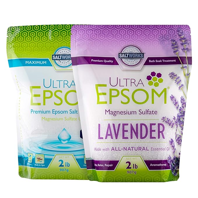 SaltWorks Ultra Epsom Premium Epsom Salt, Lavender Scented & Medium Unscented Bundle, 4 Pounds