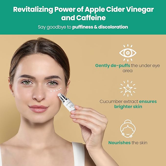 Apple Cider Vinegar Eye Cream with Vitamin B3, Caffeine, Cucumber Extract to Reduce Puffiness, Eye Bags and Dark Circles, Cream For All Skin Types, (0.5 oz) Packaging May Vary