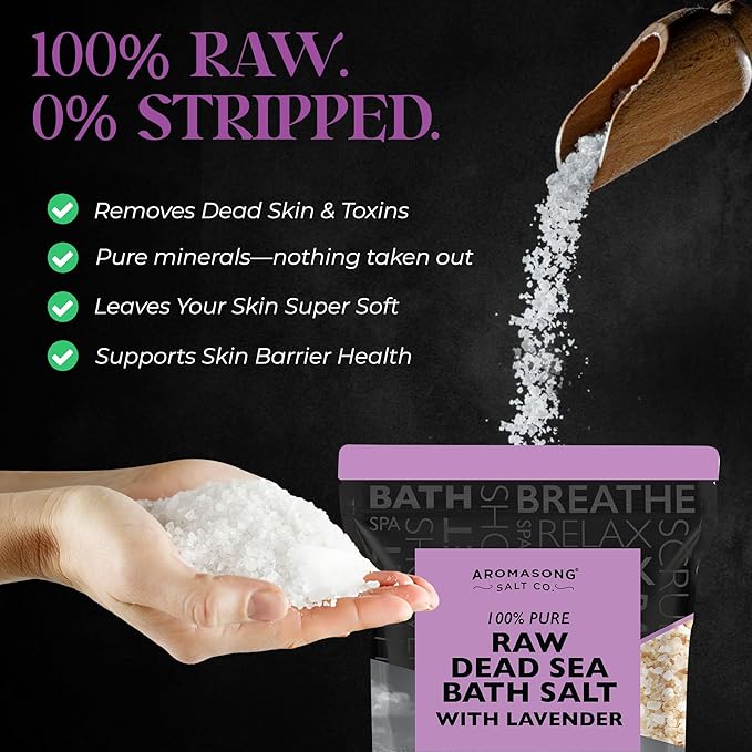 Aromasong RAW Dead Sea Salt with 100% Natural Lavender, 2.43 Lb, Not Cleaned, Still Contains All Dead Sea Minerals Including Dead Sea Mud, Fine Medium Grain Resealable Bulk Pack. (Packaging May Vary)