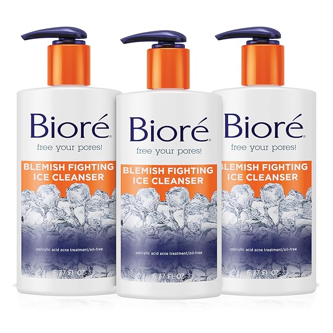 Bioré Blemish Fighting Ice Cleanser Face Wash with Salicylic Acid, Clears and Helps Prevent Acne Breakouts, Cools & Refreshes Skin, Oil Free, 6.77 Oz (Pack of 3)