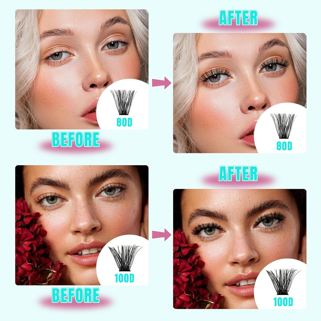 Lash Clusters Kit 320Pcs, 80 100D DIY Individual Extensions, Bond and Seal, Remover, Applicator Tool for False Eyelashes at Home (D-Mix10-16mm)