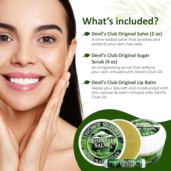 Snowy Summit's 3-Pc Devil's Club Gift Bag Set – Includes All-Natural Handcrafted Salve, Revitalizing Sugar Scrub, and Moisturizing Lip Balm for Body Care - Skin Care Package with Alaskan Ingredients