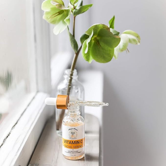 Organic Vitamin C Face Serum with 24K Gold Flakes, Hyaluronic Acid, Vitamin E - Vit C Facial Serum - Acne Scar Treatment, Dark Spot Corrector, Anti Aging & Brightening - Formulated in San Francisco