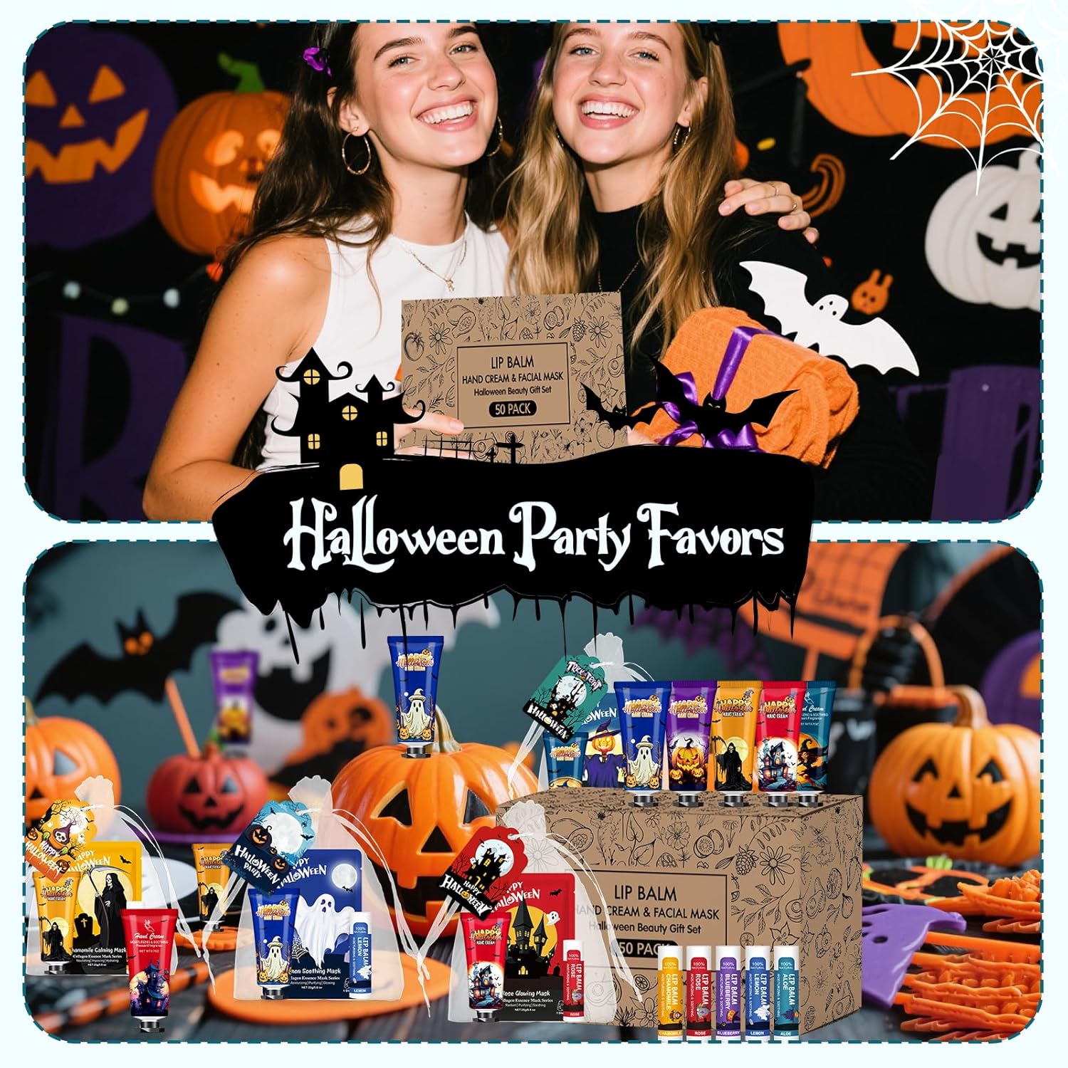 VESPRO 50 Pack Halloween Hand Cream, Facial Mask and Lip Balm Set, Bulk Halloween Gifts for Women, Halloween Decorations, Halloween Party Favors, Halloween Basket Stuffers and Halloween Skincare