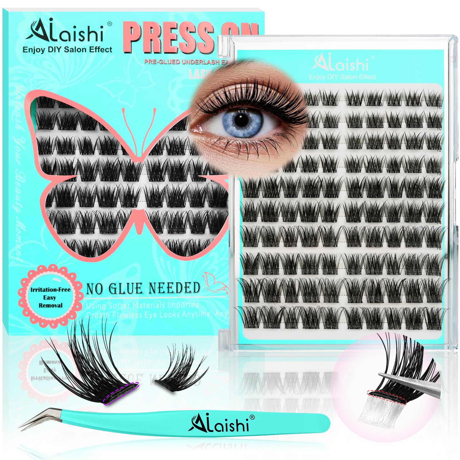 No Glue Needed Lashes, Self Adhesive Eyelashes, DIY Lash Cluster Eyelash Extensions Kit 10‑18mm,120pcs Fluffy D Curl Soft Natural Lashes with Tweezers–Fake Cat Eye Wispy Individual Clusters(NGDYAA1)