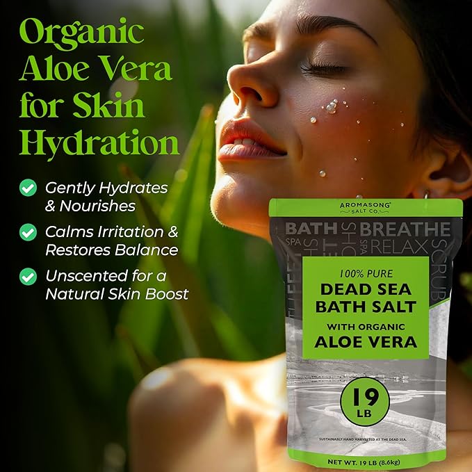Dead Sea Salt with Organic Aloe Vera, Spa Bath Salts, 19 Lbs Fine Bulk resealable Pack, 100% Pure & Natural, Soak for Women & Men for Tired Muscles & Skin Issues (Packaging May Vary)