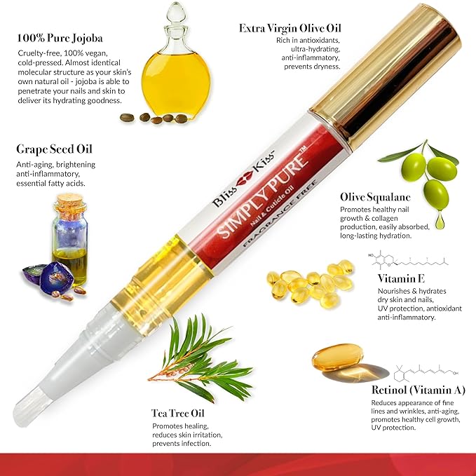 Bliss Kiss | Fragrance Free 4 Nail Oil Cuticle Pens w/Vitamin E & Jojoba⏤Nail Strengthener Nail Growth and Strengthening Serum for Brittle, Peeling, Breaking, Thin nails