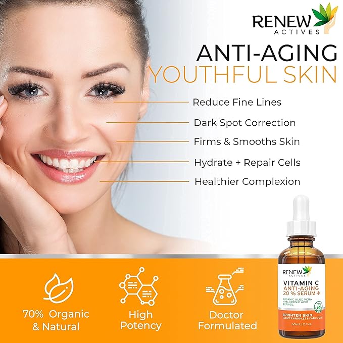 RENEW ACTIVES Vitamin C Serum - Brightening & Anti-Aging Formula - Reduces Dark Spots, Fine Lines & Wrinkles - Promotes Even Skin Tone - Hydrating & Antioxidant Protection - Made in Canada - 2 fl oz