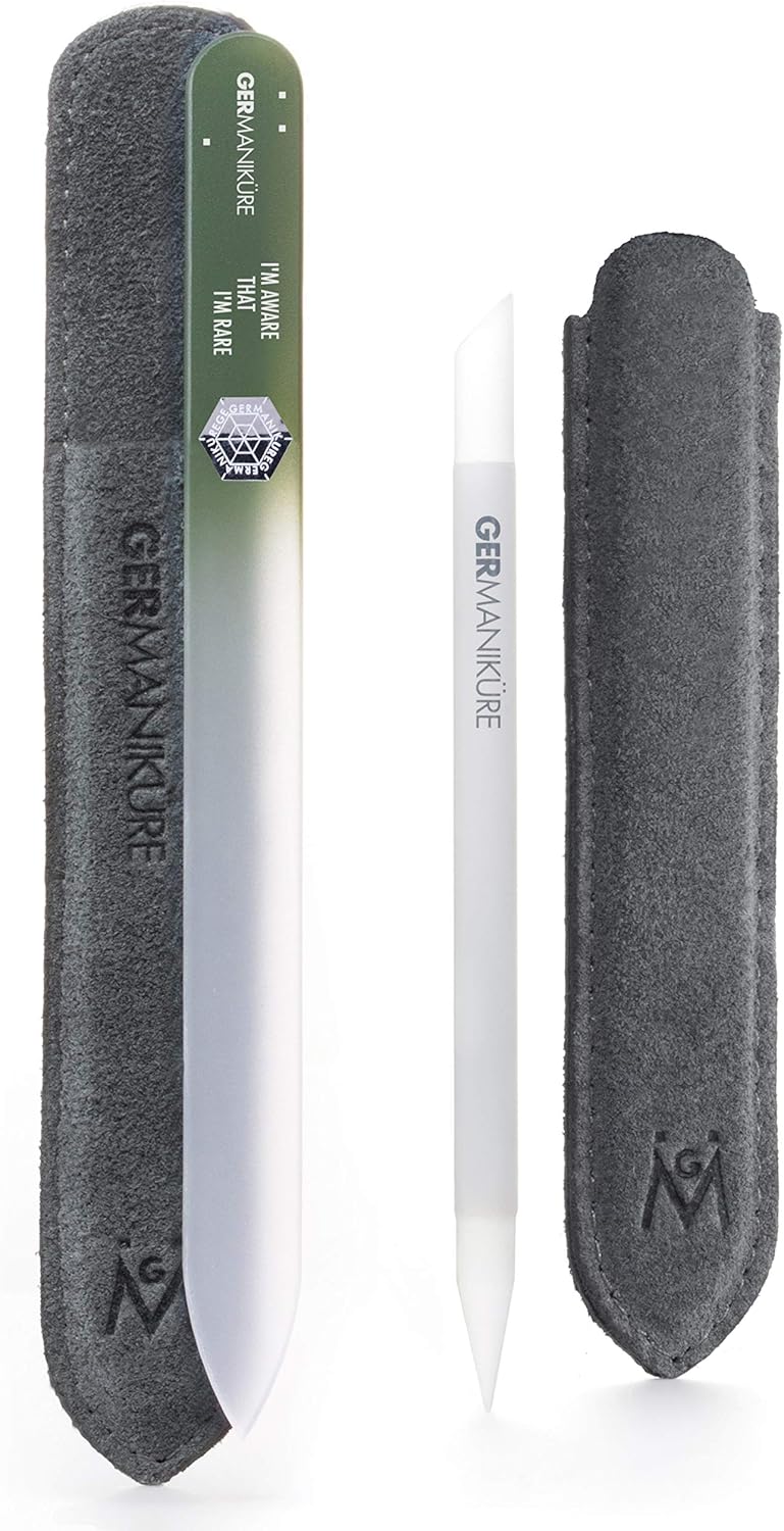 GERMANIKURE 2 Pc Glass Bundle - Crystal Glass Cuticle Stick & I'm Aware That I'm Rare Nail File Set in Suede Sleeves – Handmade in Czech Republic – Cuticle Pusher, Callous Remover, Fingernail File