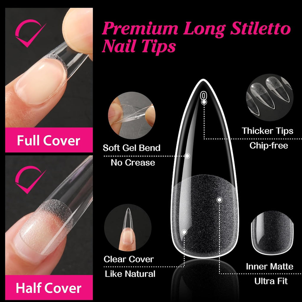 UNA GELLA Long Stiletto Gel Nail Tips Halloween Full Cover 504PCS Pre-shape Long Stiletto Almond Fake Clear Nails Tips No Need File Gel Tips No C Curve for Nail Extension DIY Art Salon 12 Sizes