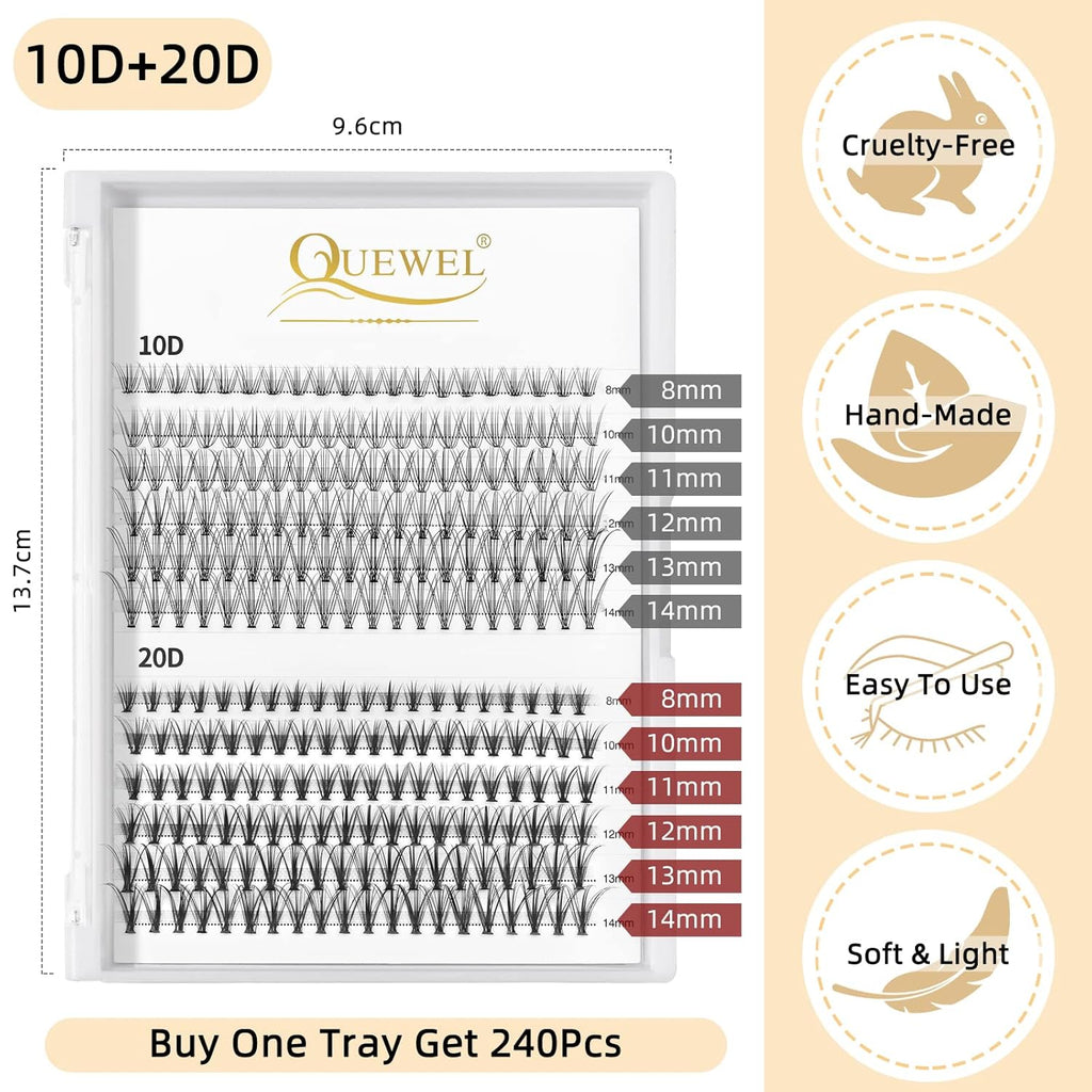 QUEWEL Cluster Lashes 240Pcs 10D+20D D Curl Mix8-14mm Lash Extensions Soft&Natural False Eyelashes Individual DIY Eyelash Extension at Home(10D+20D D MIX8-14)