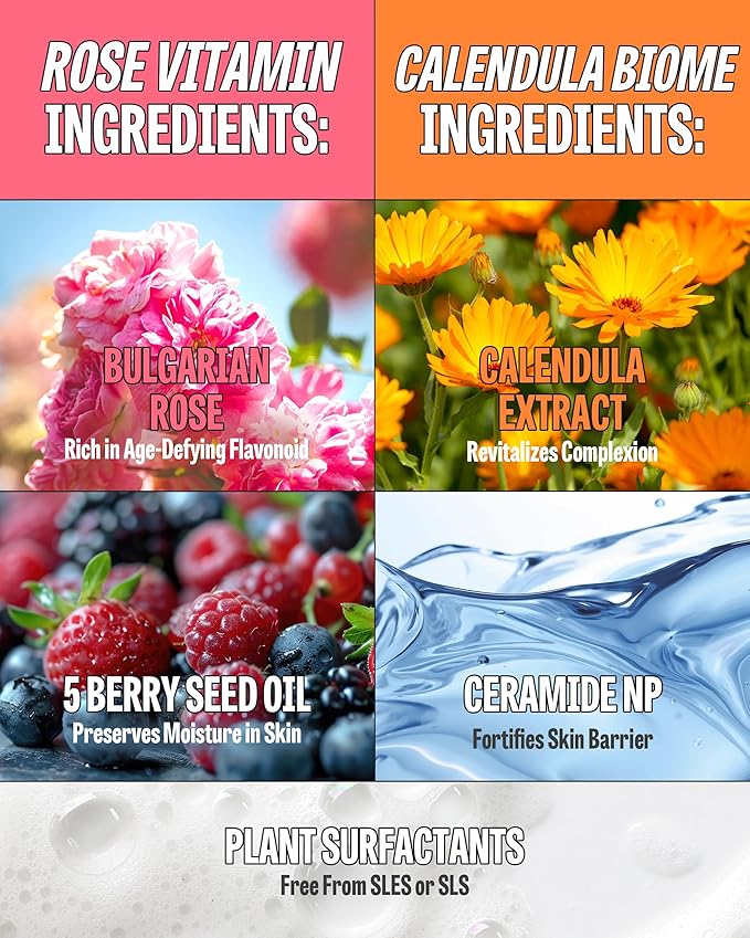 [K-Beauty] Rose Vitamin + Calendula Biome Oil Foam Gift Set | Daily Face Wash Oil Based Cleanser to Foam | Korean Skin Care Oil Cleanser for Dry Sensitive Skin | Face Cleanser Bundle