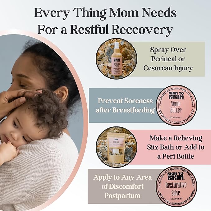 Skin to Skin Postpartum Recovery Kit - 4 Piece Set in Cosmetic Bag - Includes: Herbal Bath, Recovery Spray, Restorative Salve, Nipple Butter - After Birth Care