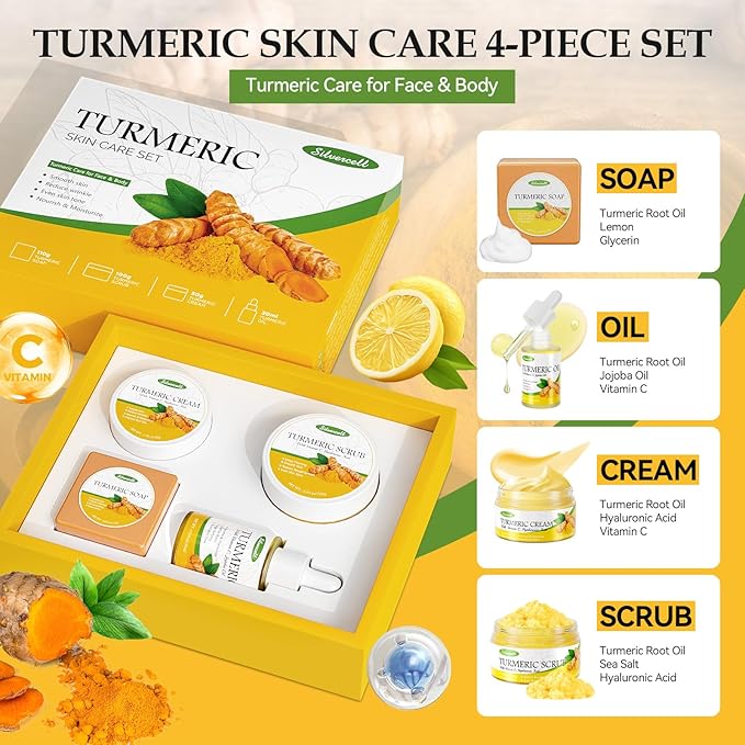 Turmeric Skin Care Set Even Skin Tone with Vitamin C, Skin Care Gift Set 4 In 1 Include Turmeric Soap Bar Turmeric Oil Turmeric Face Cream Turmeric Scrub, Face Moisturizer Skincare Set for Women