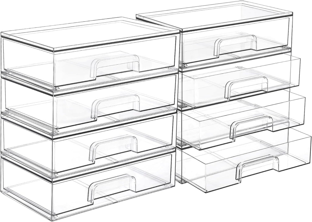 Vtopmart 12.1''W Clear Stackable Storage Drawers,8 Pack Acrylic Plastic Organizers Bins for Makeup Palettes, Cosmetics and Beauty Supplies,Ideal for Vanity, Bathroom,Cabinet,Desk Organization