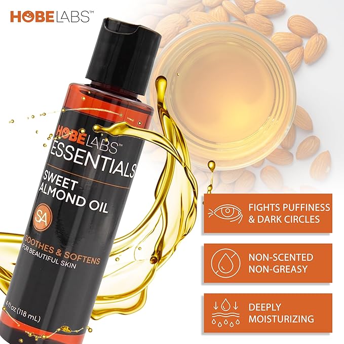 Hobe Labs Sweet Almond Oil, 4 oz - Skin Soothing Properties, Effective Emollient, Improves Skin Health, Fights Puffiness and Dark Circles, Non-Greasy Formula
