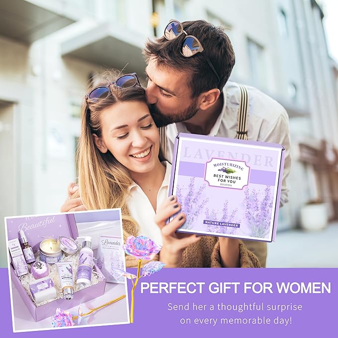 LUCOTIYA Lavender Spa Gift Set for Her,Hand Cream,Lavender Essential Oil,Body Butter ,Lavender Scented Candle,Bath Bombs,Soap