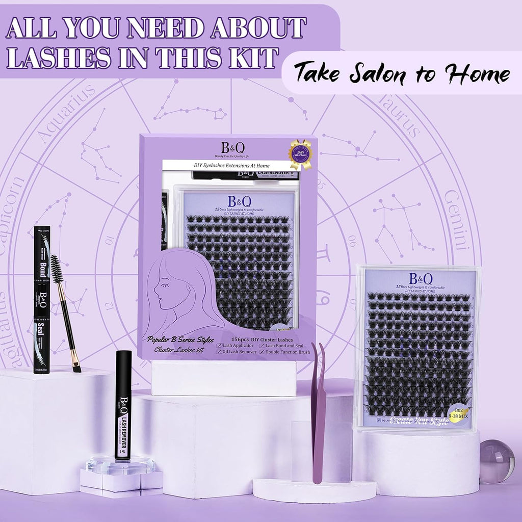 Lash Extension Kit B02 Eyelash Extension Kit B&Qaugen DIY Lash Extension Kit 156 PCS Lash Clusters 8-18mm Cluster Eyelash Extensions Kit with Lash Bond and Seal Lash Applicator Tool (Kit,B02)