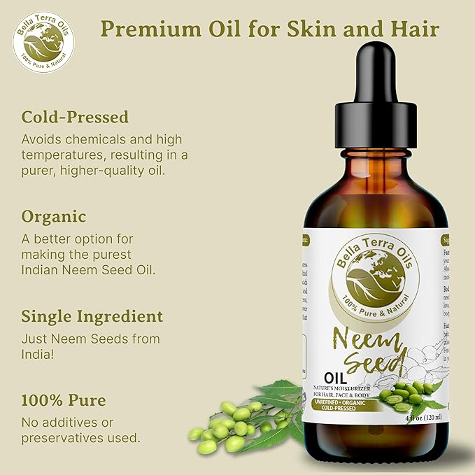 Bella Terra Oils - Organic Neem Seed Oil 8oz - Embrace Organic Neem's Richness, Packed with Azadirachtin & Nimbolide, Elevate Your Skin's Natural Glow