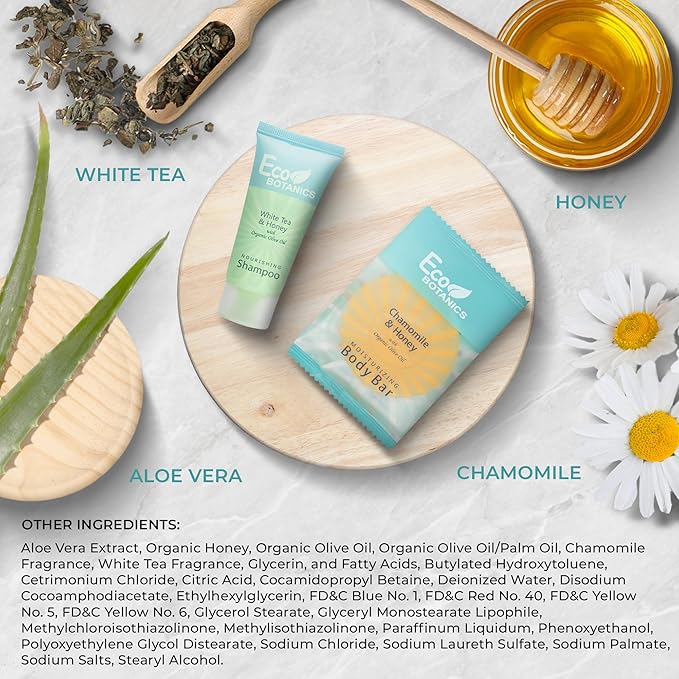 Eco Botanics Hotel Soaps & Toiletries Bulk Set | 1-Shoppe Amenities Kit for Hotels & Vacation Rentals | 0.85 oz Conditioning Shampoo & 0.89 oz Bar Soap | 100 Pieces