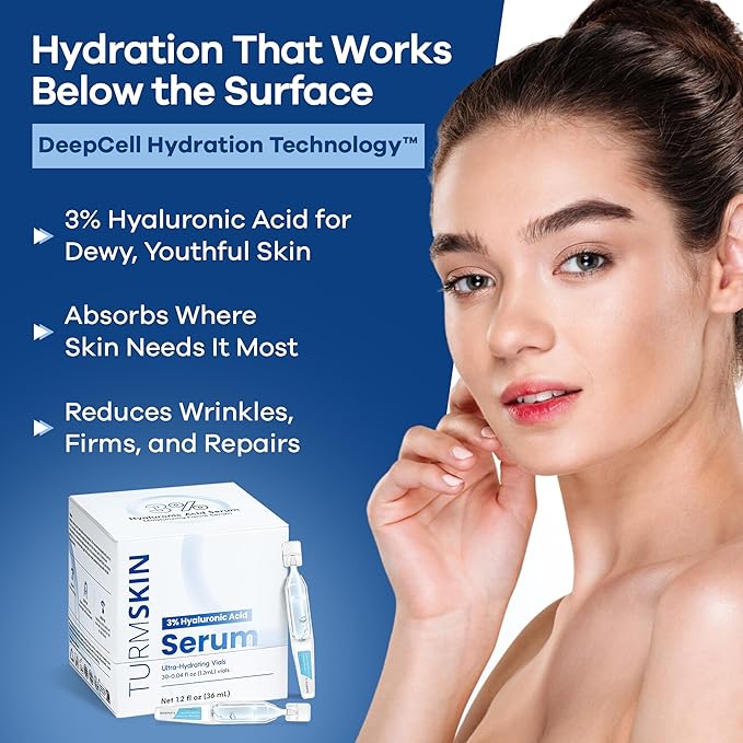 Original Turmskin Hyaluronic Acid Serum | Ultimate Hydration Boost for Your Aging Skin | 3% for 24-Hour Hydration & Glass Skin, Soft PE Ampoule Vials for Face & Skin
