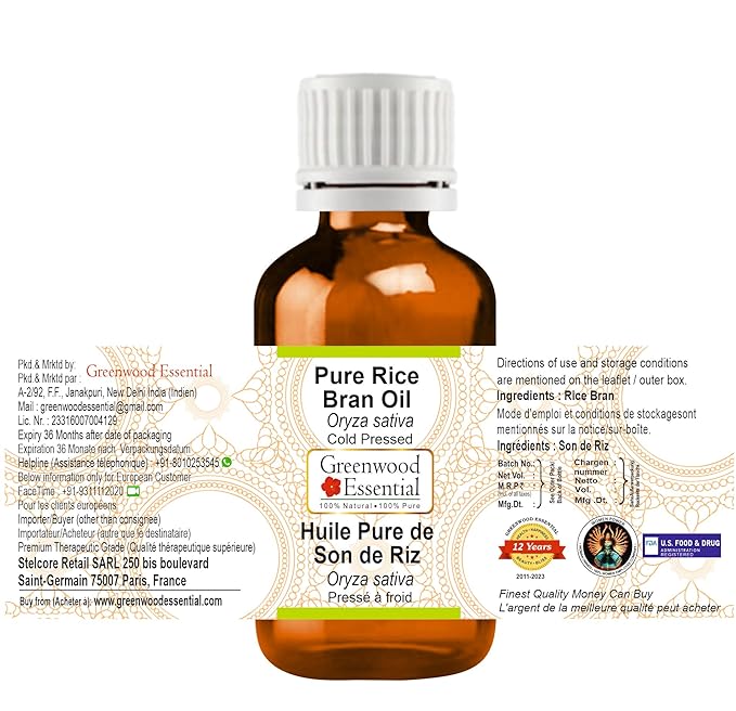 Pure Rice Bran Oil (Oryza Sativa) Cold Pressed 5ml (0.16 oz)