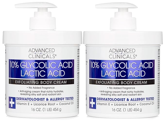 Advanced Clinicals 10% Glycolic Acid + Lactic Acid Lotion Exfoliant Moisturizing Cream With Hyaluronic Acid Moisturizer | AHA Exfoliating Body Cream Improves Look Of Uneven Rough Skin Texture, 2-Pack