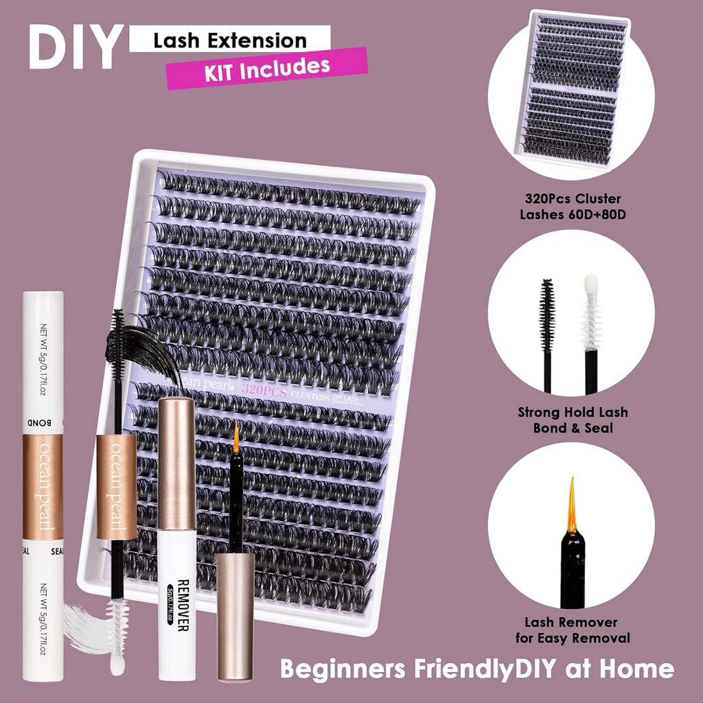 3D Thick Lash Extension Kit 320 Pcs Lash Clusters 60D+80D 10-16mm Eyelash Extension Kit Individual Lashes with lash bond and seal,remover,tweezers,Eyelashes,DIY Eyelash Extensions Kit-OCEAN PEARL