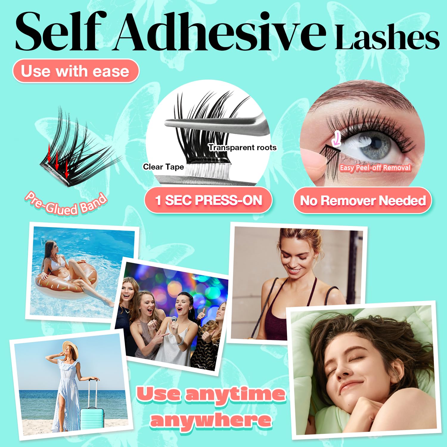 No Glue Needed Lashes, Self Adhesive Eyelashes, DIY Lash Cluster Extensions Kit 10‑18mm,120pcs Fluffy D Curl Soft Natural Lashes with Tweezers–Fake Cat Eye Wispy Individual Clusters 1-5-L