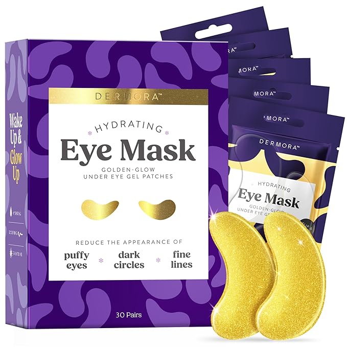 DERMORA Golden Glow Under Eye Patches (30 Pairs Eye Gels) - Rejuvenating Treatment for Dark Circles, Puffy Eyes, Refreshing, Revitalizing, Travel, Wrinkles
