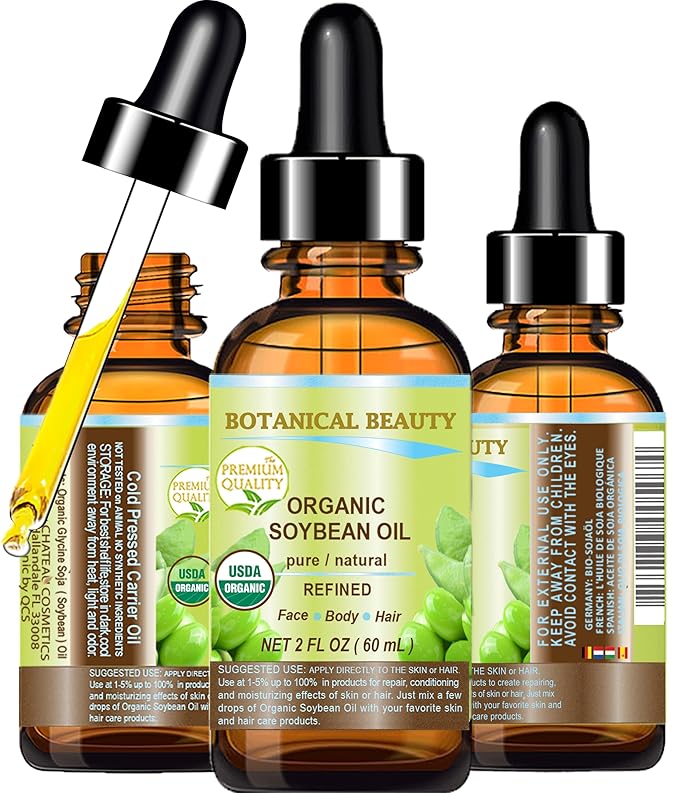 Organic SOYBEAN OIL 100% PURE Natural Refined Cold Pressed Carrier Oil for FACE, SKIN, BODY, HAIR, NAILS 2 Fl.oz.- 60 ml Skin Moisturizer, Skin Nourishing by Botanical Beauty